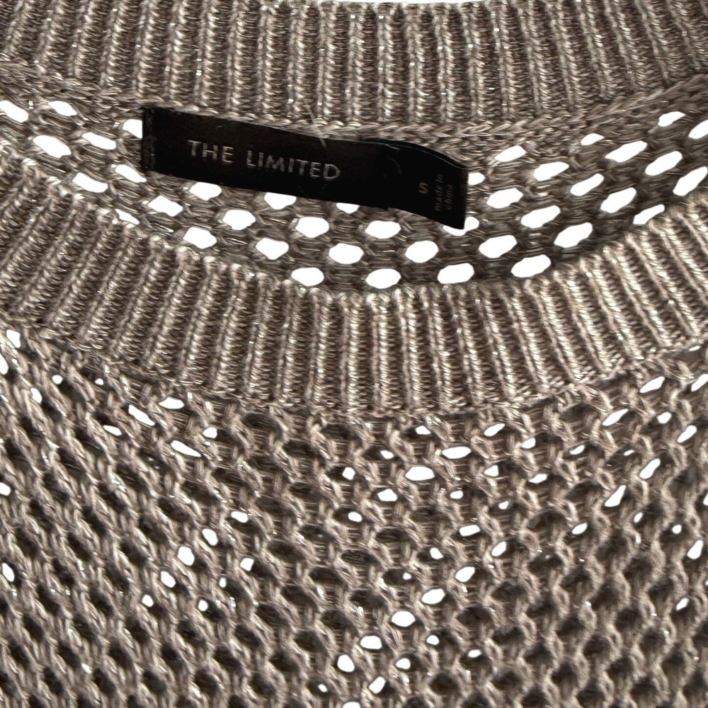 Womens Open‎ Knit Short Sleeve Sweater Taupe Metallic Mesh Coastal Chic Size S - Picture 4 of 6